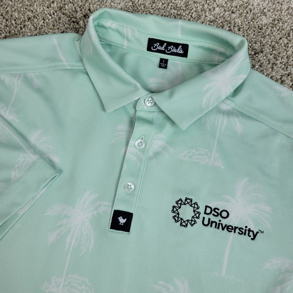 Bad Birdie Mens Large Light Green AOP Floral Performance Stretch Golf Polo SS